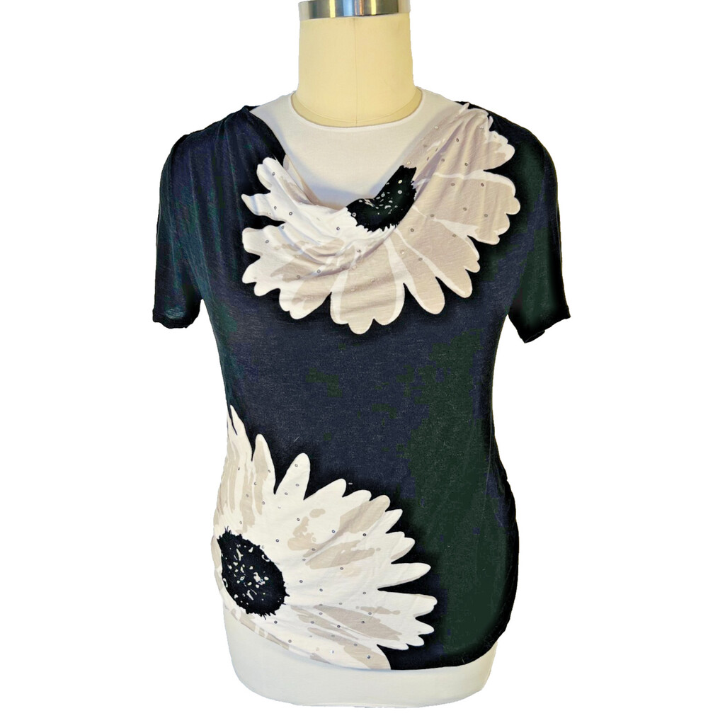 INC Blouse Women's 1X Short Sleeve Cowl Neck Larger Daisy Print Black White Gray